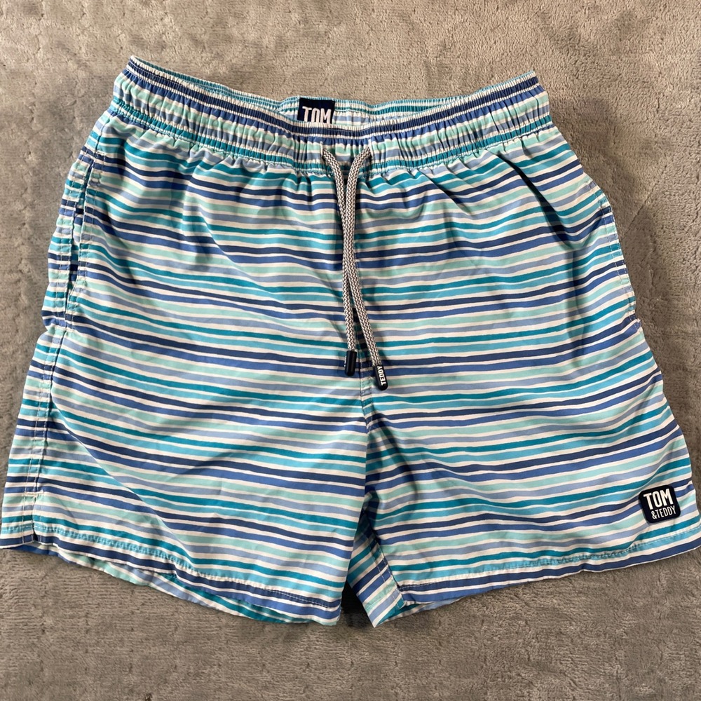 Tom & Teddy‎ Swim Trunks Mens S Blue Stripped Quick Dry Lined Beach Resort
